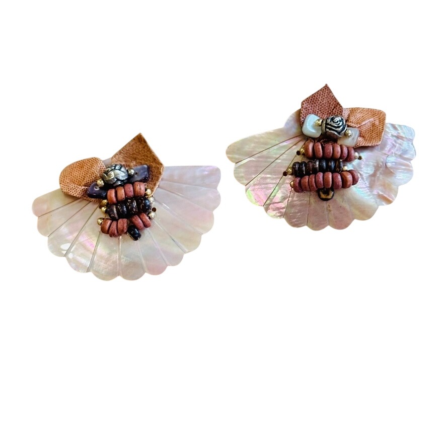 Boho Runway Chunky 70s Earrings Vtg Abalone Shell Chunky Statement 70s Flashy